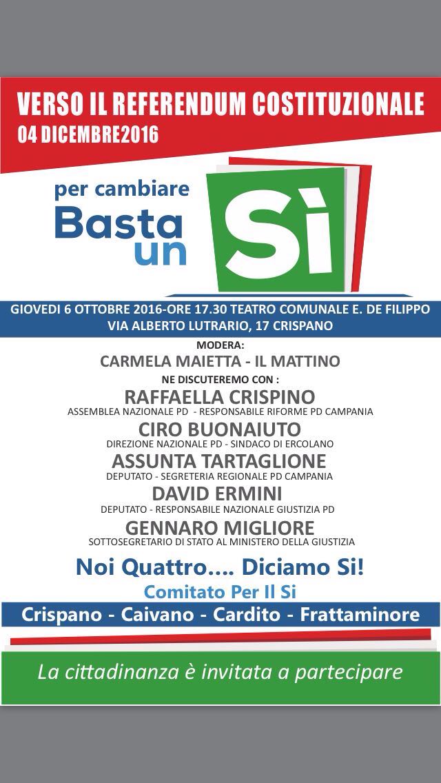 “Basta un Sì”, incontro a Crispano il 6 ottobre per spiegare le ragioni di votare secondo il Governo Renzi