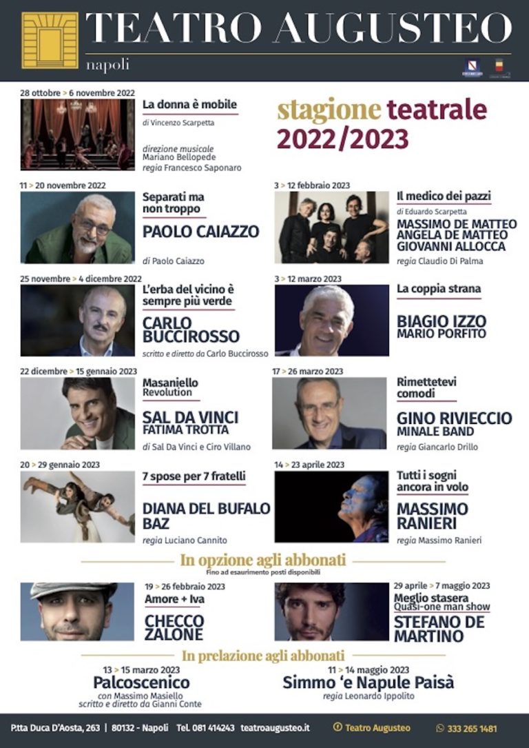 Teatro Augusteo, cartellone 2022/2023. Spettacoli disponibili in abbonamento